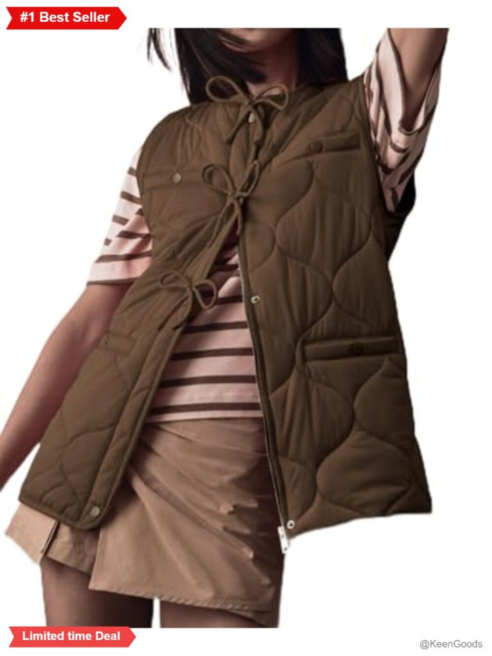 Quilted Puffer Vest Winter Bow Collarless Lightweight Padded Coat